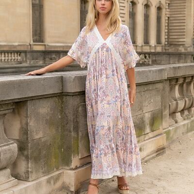 Long printed dress with V-neck