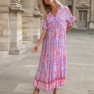 Long printed dress with V-neck