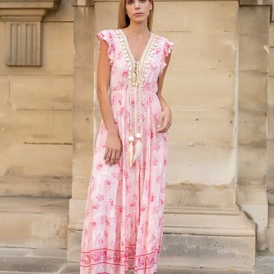 Long floral print dress with braided straps and pompoms