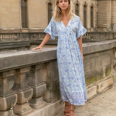 Long printed dress with V-neck