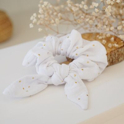 White Ivy Knot Scrunchie with Golden Dots