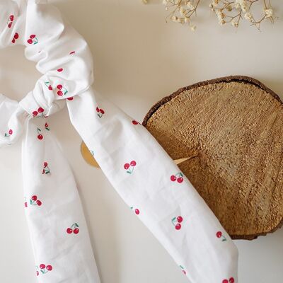 Red and White Cherry Ribbon Scrunchie