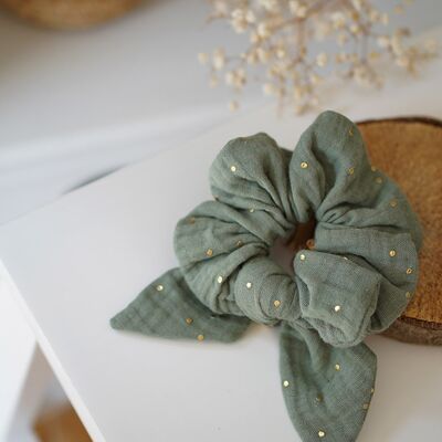Ivy Bow Scrunchie Sage Green with Golden Dots