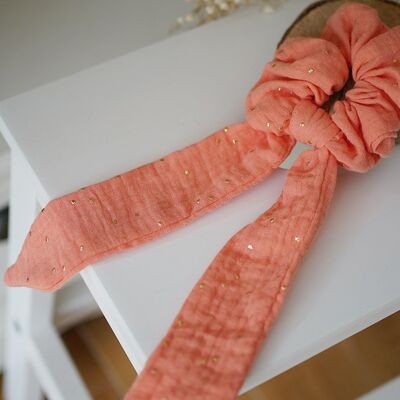 Lina Coral and Gold Ribbon Scrunchie