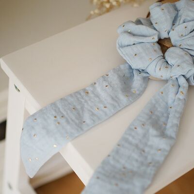 Glacier Blue and Gold Lina Ribbon Scrunchie