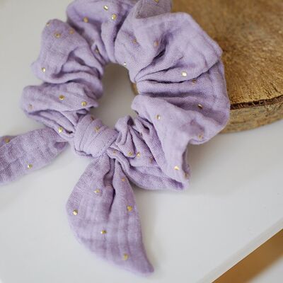 Scrunchie Bow Ivy Lilac with golden dots