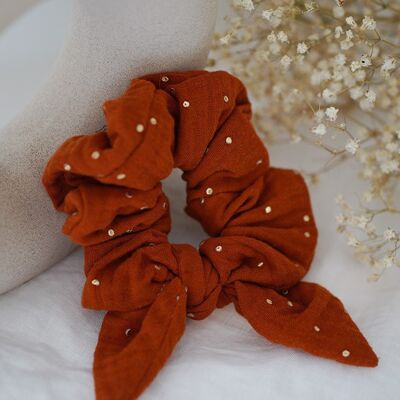 Scrunchie Bow Ivy Rust with Golden Dots