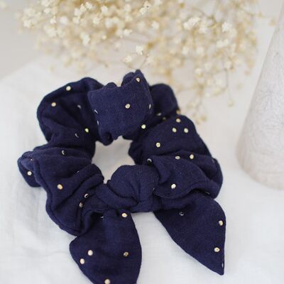 Ivy Bow Scrunchie Navy Blue with Golden Dots