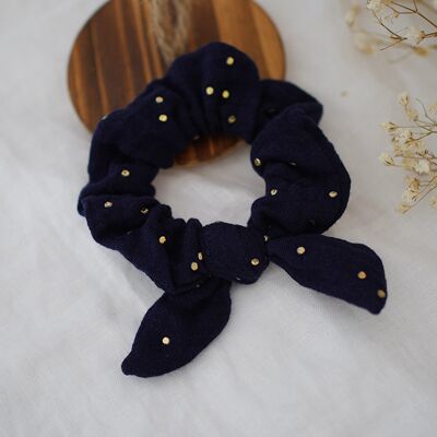 Scrunchie infantil Lou azul marino y dorado con lazo