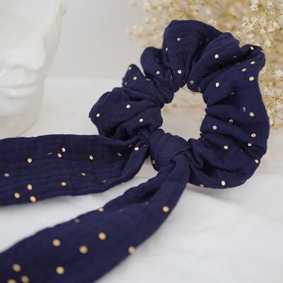 Lina Ribbon Scrunchie Navy Blue with Golden Dots