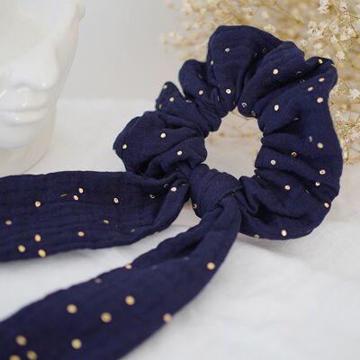 Lina Ribbon Scrunchie blu navy con pois dorati