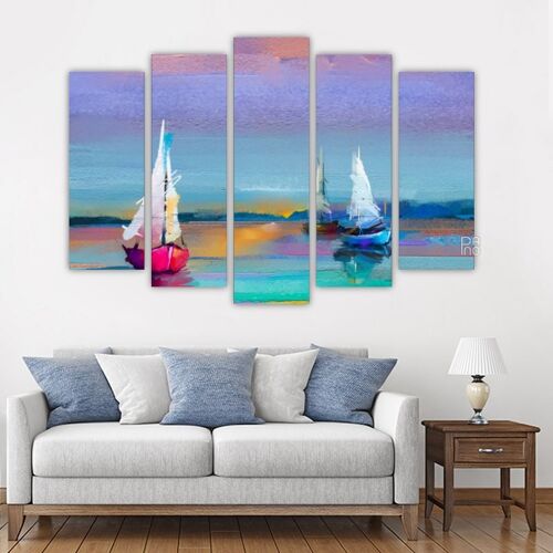 Canvas Three boats at sunset -5 Parts - S