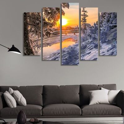 Toile Coucher de soleil dans un paysage d'hiver -5 Parties - M