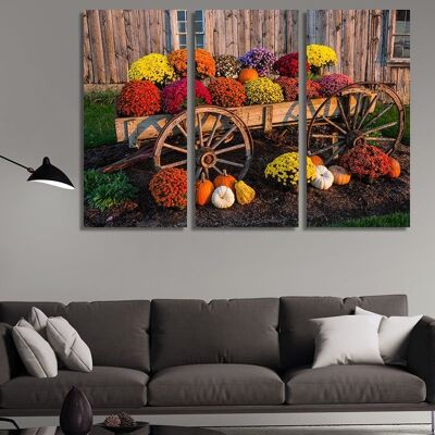 Leinwand Ein alter Karren mit bunten Blumen -3 Teile - S