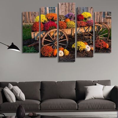 Leinwand Ein alter Karren mit bunten Blumen -5 Teile - M