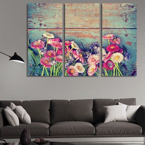 Canvas Beautiful flowers on blue background -3 Parts - S