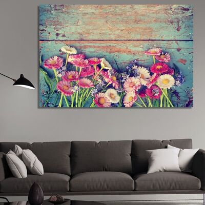 Tableau sur toile Belles fleurs sur fond bleu -1 Part - M