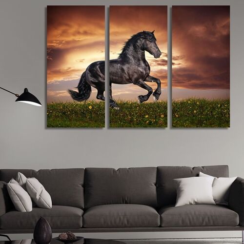Canvas Black horse in a gallop -3 Parts - S