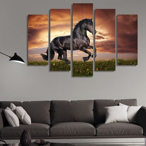 Canvas Black horse in a gallop -5 Parts - S