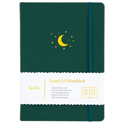 Liniertes Notizbuch - A5 - Mond und Sterne - Waldgrün
