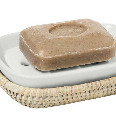Alzéa soap dish in rattan and white porcelain