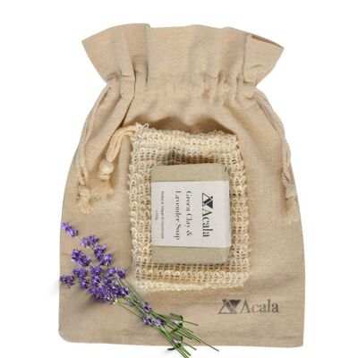 Mini sac cadeau pour les amateurs de savon avec du savon à l'argile verte et à la lavande
