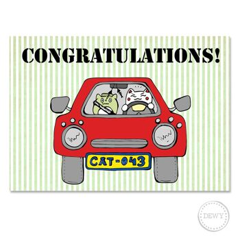 Carte postale A5 - Félicitations avec voiture et chat 1