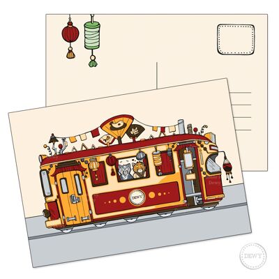 A6 postcard - Cheerful, festive tram