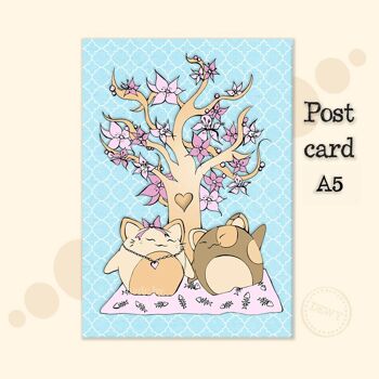 Carte postale A5 - Arbre fleuri avec chats 2