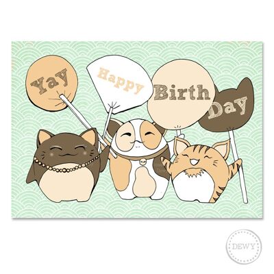 Carte postale A5 - Joyeux anniversaire chats porte-bonheur