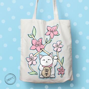 Tote bag en coton avec Lucky Cat et fleurs roses 1