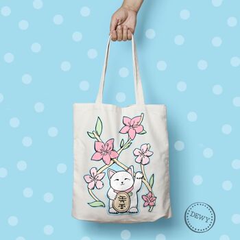 Tote bag en coton avec Lucky Cat et fleurs roses 2