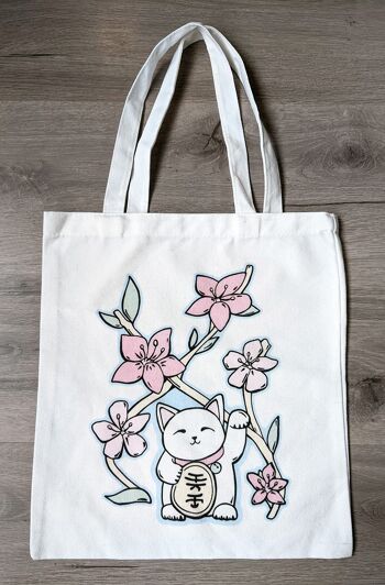 Tote bag en coton avec Lucky Cat et fleurs roses 3