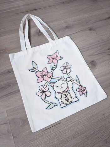 Tote bag en coton avec Lucky Cat et fleurs roses 5