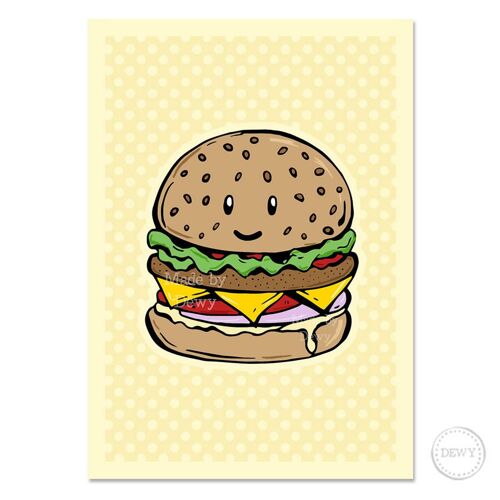 A5 postcard with happy hamburger