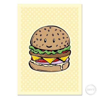 Postal A5 con hamburguesa feliz