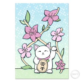 Carte postale A5 - Chat porte-bonheur à fleurs roses 1