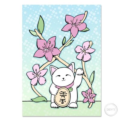 Postal A5 - Gato de la suerte con flores rosas
