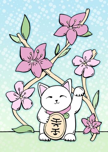 Carte postale A5 - Chat porte-bonheur à fleurs roses 2