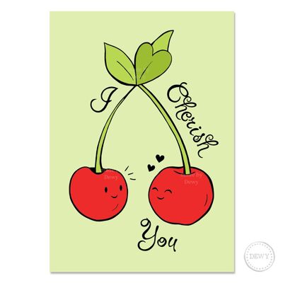 A6 greeting card with cherries - fruit - I cherish you