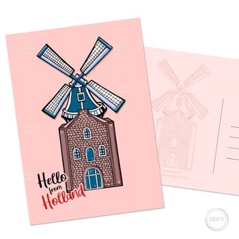 Carte postale A6 - Hello Holland - Moulin à vent hollandais 1