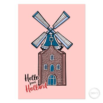 Carte postale A6 - Hello Holland - Moulin à vent hollandais 2