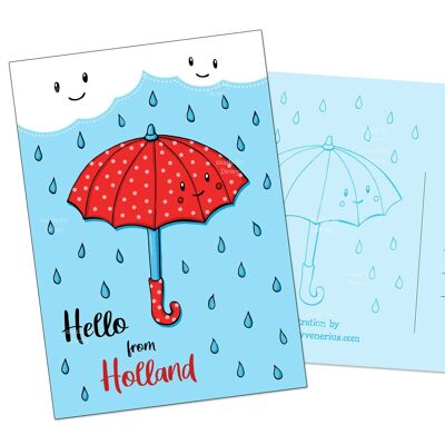 A6 postcard - Hello Holland - cute umbrella