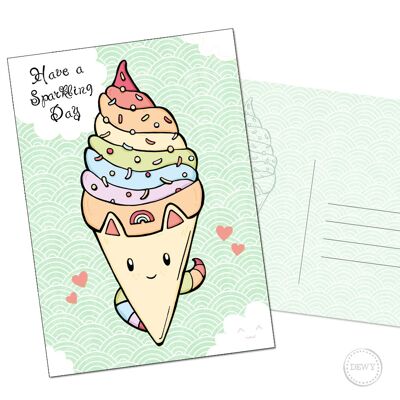 Carte d'anniversaire A6 - Crème glacée licorne arc-en-ciel