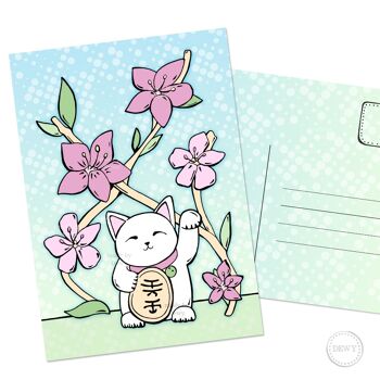 Carte postale A6 - Chat porte-bonheur aux fleurs de Sakura 1