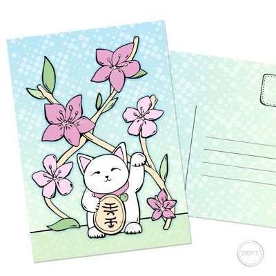 A6 Postkarte - Glückskatze mit Sakura-Blumen