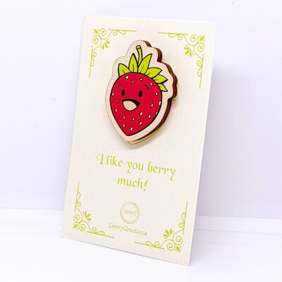 Wooden pin - happy, kawaii strawberry - fruit