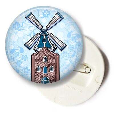 Button Dutch windmill - large - blue background