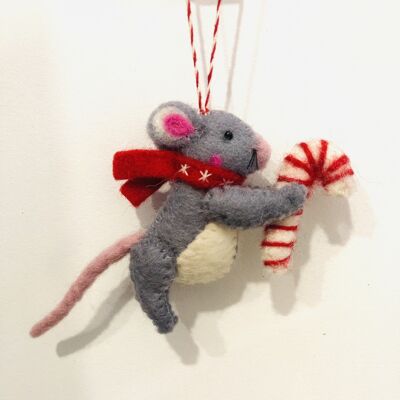 Felt Christmas Tree Decorations - Mice with  candy cane