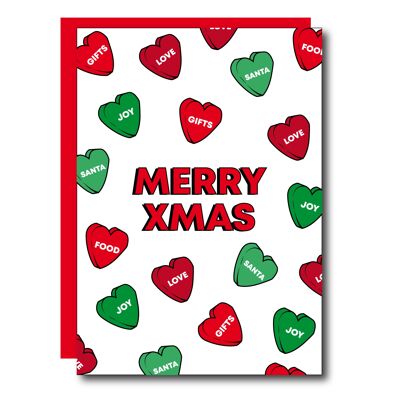 Feliz tarjeta de felicitación de corazones de Navidad